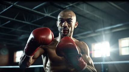 Young male boxer wearing boxing gloves takes a boxing stance, preparing to punch while training in a dimly lit gym. concept: boxing training, gym