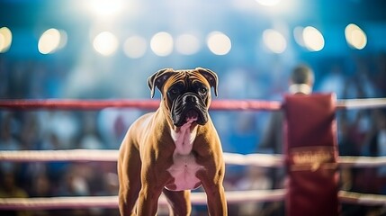 a boxer breed dog stands in a boxing ring with a blurred background of glowing lights and a red corner of the ring.