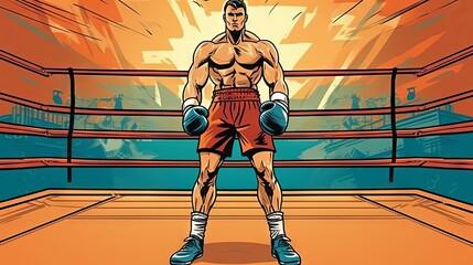 Comic style illustration of a boxer in a confident pose, standing in the ring with boxing gloves raised against a background of bright rays. concept: boxing training, gym