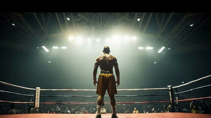 A silhouette of a boxer in shorts stands with his back in the boxing ring, looking at the spotlights and auditorium illuminating the arena before the fight. concept: boxing training, gym