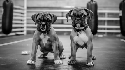 A black and white photograph of two boxer dogs standing in a boxing ring, creating a playful image of boxers. - obrazy, fototapety, plakaty