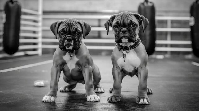 A black and white photograph of two boxer dogs standing in a boxing ring, creating a playful image of boxers.