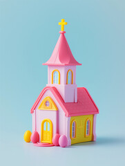 Obraz na płótnie Canvas Pink yellow and blue Plastic mini church dollhouse toy playset for bible school education toys or religious playtime faith activities to use for banners or Kids Christians events or camp activities