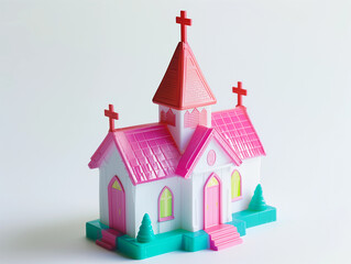 3d plastic tiny church dollhouse playset with retro vibes and cross on roof in pink white, use for religious educationposters or banners, bible sunday school or faith based playtime events or party