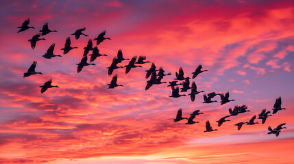 Obraz premium Migratory birds in flight against a colorful sky during seasonal journey. World wildlife day