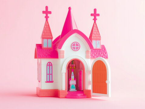 Photo of 80s church miniature plastic toy in pink and white with door opened showing inside the ministry, features 2 crosses on roof of 3d building, use playset for religious banners and bible school 