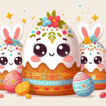St. Easter day illustration, holiday, Easter with eyes and decorated with flowers, patterned eggs