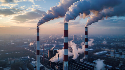 Environmental Impact: Industrial Smokestacks Emitting Pollution - obrazy, fototapety, plakaty