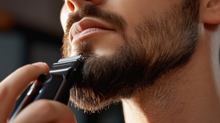 Man Trimming Beard with Electric Trimmer - Grooming Routine Close-Up - obrazy, fototapety, plakaty
