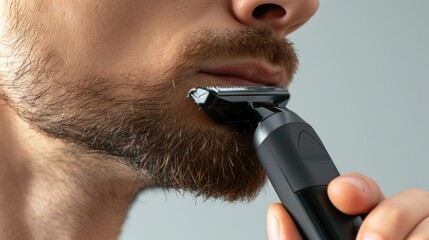 Man Trimming Beard with Electric Trimmer - Grooming Routine Close-Up