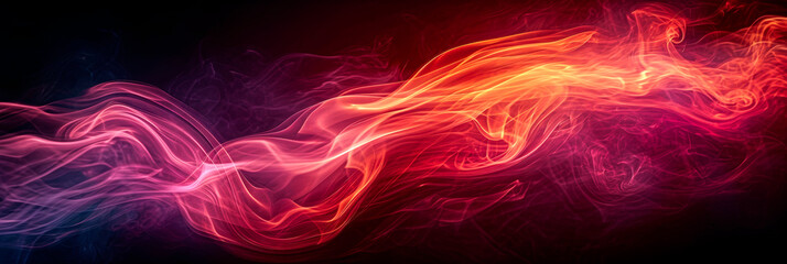Red, purple and orange color smoke on black background, wide format image. - obrazy, fototapety, plakaty
