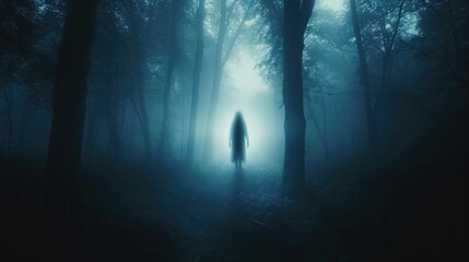 Mysterious Figure in Foggy Forest - Surreal Nature and Human Element