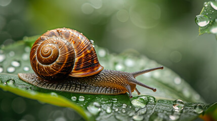 Majestic Snail on Dewy Leaf - Macro Photography of Garden Wildlife