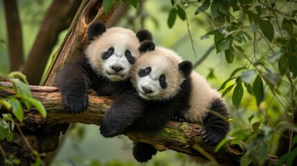 Obraz premium Two Panda Cubs Playing in a Tree - Adorable Wildlife Photography