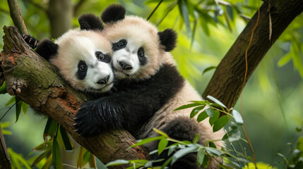 Obraz premium Two Panda Cubs Playing in a Tree - Adorable Wildlife Photography