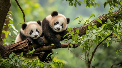 Obraz premium Two Panda Cubs Playing in a Tree - Adorable Wildlife Photography