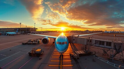 Sunset at the Airport: A Vibrant Sky Over Stationary Aircraft