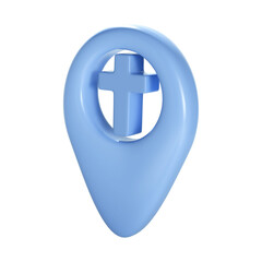 Obraz premium Christian 3d blue cross geotag gps icon. Element for church place, religious building address. Object on white background
