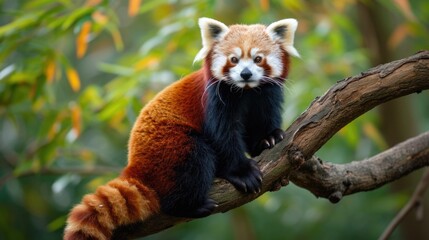 Naklejka premium Vivid Wildlife Photography: Red Panda Perched in a Lush Green Tree