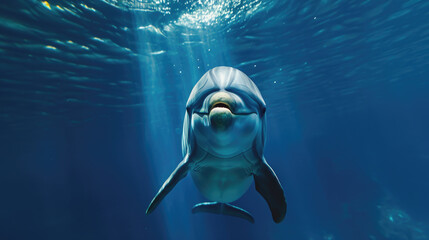 Smiling Dolphin Underwater with Sunlight Streaming Through