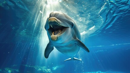 Smiling Dolphin Underwater with Sunlight Streaming Through