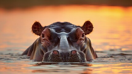 Sunset Peek: Hippopotamus Submerged in Water at Dusk