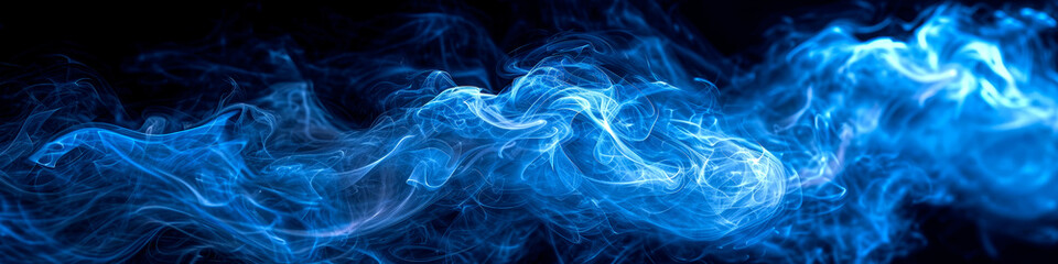 Blue swirling flowing smoke on black background wide format illustration.  - obrazy, fototapety, plakaty