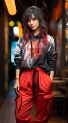 A beautiful Japanese girl in streetwear, standing against a dynamic red background, the high-definition camera capturing the energy of her vibrant fashion choice