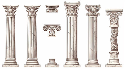 ancient marble columns set collection of isolated architectural elements on a white background - obrazy, fototapety, plakaty