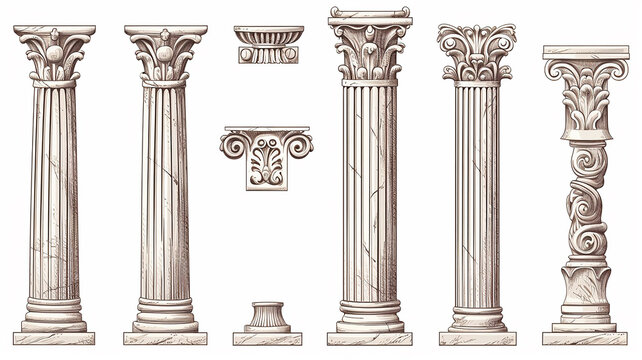 ancient marble columns set collection of isolated architectural elements on a white background