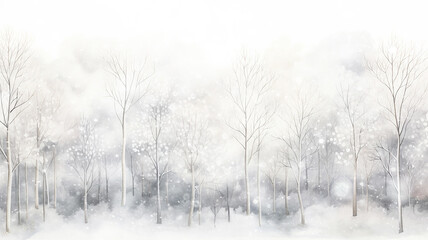 winter, light white background snowfall in the forest with a copy  space, trees covered with snowflakes, flat graphics, empty blank greeting card, watercolor design