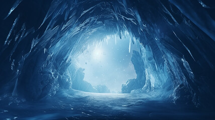 background ice tunnel, cave, abstract cold blue passage, hole in the winter world fantasy graphics - obrazy, fototapety, plakaty