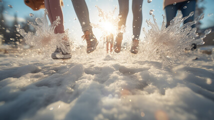 winter fun, teen feet close-up running through the snow on a sunny day