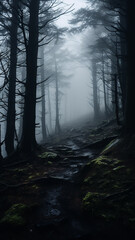 Fototapeta premium foggy landscape in a coniferous forest, gloomy autumn view twilight cold evening in a mountain forest, vertical panorama of tall trees