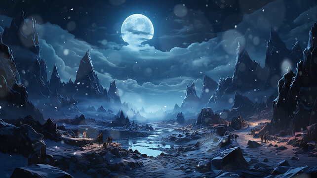 icy world, twilight in a frozen world among icy rocks snowfall, abstract cold blue landscape mountains