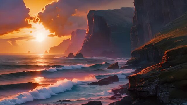 As the sun sets behind a windswept cliff, a haunting melody drifts through the air, carrying with it an air of mystery and longing. Fantasy animatio