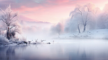 winter landscape, snowfall in nature calm quiet sunset, snowflakes slowly falling, wildlife background