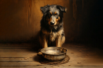 A hungry or thirsty dog brings a metal bowl for food or water
