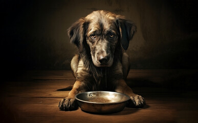 A hungry or thirsty dog brings a metal bowl for food or water