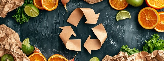 Food scraps and a cardboard recycle symbol on used paper, depicting organic recycling and composting. - obrazy, fototapety, plakaty