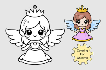 learn to color a princess wearing an angel costume, coloring book, coloring pages for children.