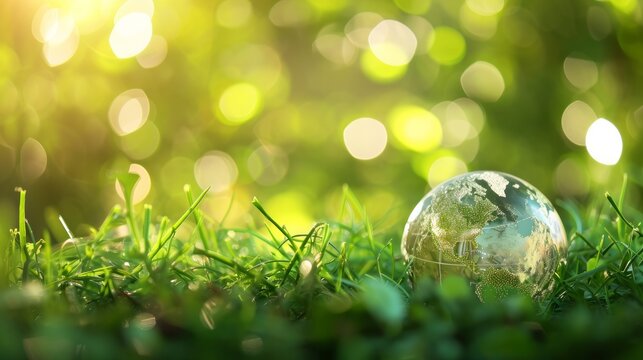 Concept Save the world save environment The world is in the grass of the green bokeh background   