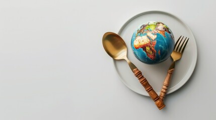 Globe on a plate with fork and knife on a light background, Wworld Food Day concept background wallpaper   