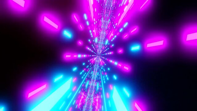 Flight with rotate into space to meet stars and luminous laser particles. VJ loop animation. Dj visuals effects. Visual loops for music. Vfx background for music