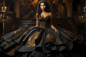 A bold and dramatic shot of a model in a voluminous black and gold ball gown, creating a sense of opulence against a dark and mysterious background