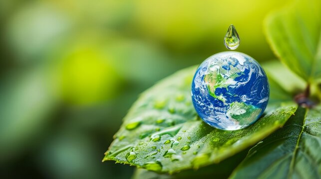 World water day. A globe in the shape of a drop of water falling on green leaf. Elements of this image furnished by NASA    