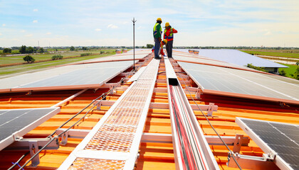 Team engineers electricians technician work team on the rooftop industrial plant installing solar panels alternative energy using electric drills firmly fixing cable tracks generating electricity. © ฺฺฺBoonterm