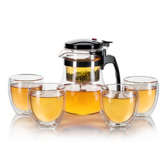 Glass Teapot and cups with green tea on white background