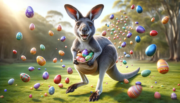 easter kangaroo with easter eggs, generative AI