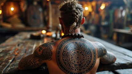 The back of a man with an expressive circular tattoo on his back, sitting in a semi-decayed interior, away from the camera, creating a feeling of concentration and introspection.